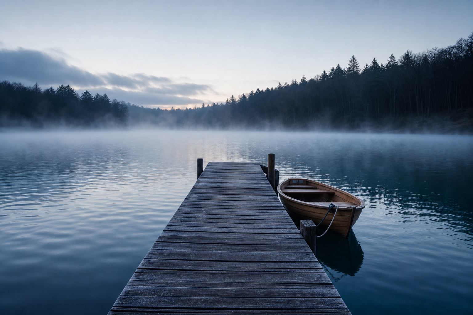 Frühmorgendlicher Gletschersee mit Holzsteg und leichtem Nebel in Mecklenburg